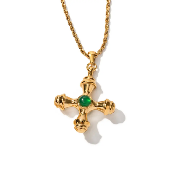 Vintage cross green stone necklace